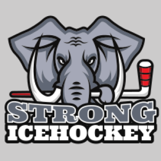 Elephant logo featuring hockey stick with the text Strong Ice Hockey.