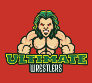 Ultimate Wrestlers logo featuring a muscular figure with green hair on a red background.