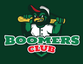 Boomers Club logo featuring a cartoon character holding a baseball bat on a green background.