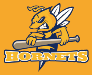 Hornets baseball team logo with a yellow mascot holding a bat.