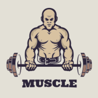 Illustration of a muscular figure holding a barbell with the word 'MUSCLE' below.