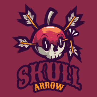 Skull with arrows logo on maroon background featuring bold cartoon design.