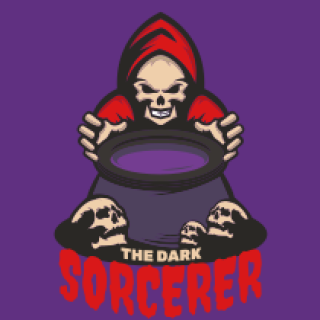 Dark sorcerer in red hood holding a cauldron surrounded by skulls on a purple background.