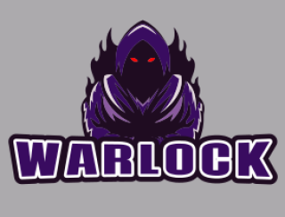 Warlock gaming logo with a hooded figure and glowing red eyes.