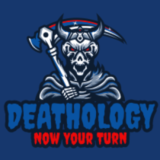 Illustrated Grim Reaper with scythe and the text 'Deathology Now Your Turn' on a blue background.