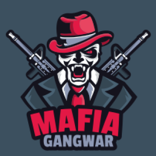 Graphic logo of a skull in a suit with a red hat, flanked by guns, featuring the text 'Mafia Gangwar'.