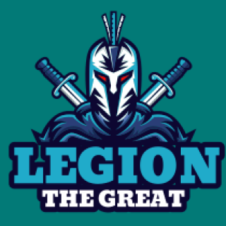 Emblem with a masked warrior and two swords behind, titled Legion The Great.