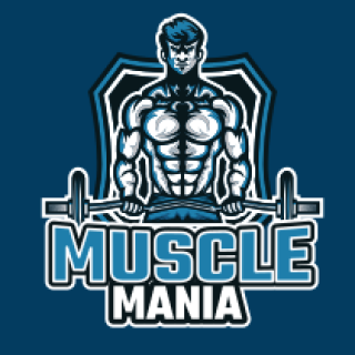 Muscle Mania logo featuring a bodybuilder illustration holding a barbell.