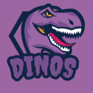Purple dinosaur logo featuring a T-Rex head with the word 'DINOS' below.