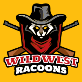 Wild West Racoons logo featuring a raccoon with a cowboy hat and red bandana, crossed rifles, on a yellow background.