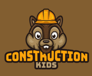 Construction Kids logo featuring a cartoon animal wearing a helmet on a brown background.