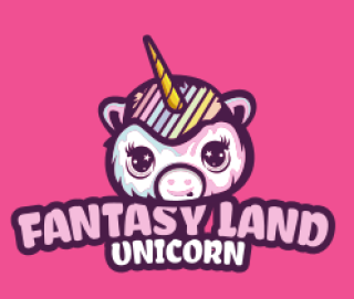Cartoon unicorn logo with 'Fantasy Land Unicorn' text on pink background.