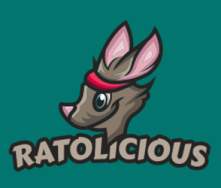 Ratolicious logo featuring a cartoon rat with a red headband and prominent ears.