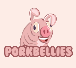 Cartoon pig logo with the word 'Porkbellies' designed in pink.