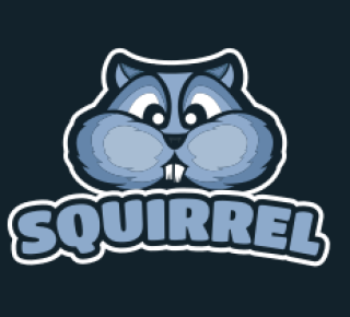 Cartoon squirrel logo with bold text in a blue color scheme.