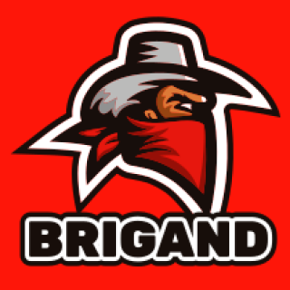 Brigand logo featuring a bandit with a cowboy hat and mask on a red background.