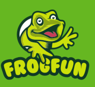 Frog Fun logo featuring a joyful cartoon frog on a green background.