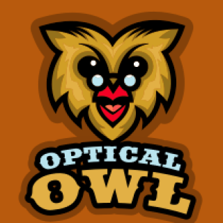 A playful owl logo featuring the words 'Optical Owl' in bold letters.