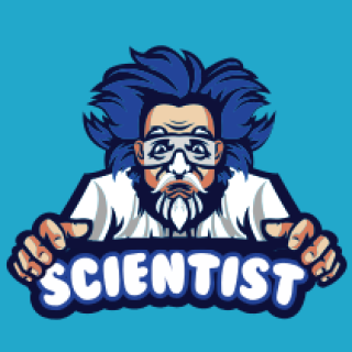 Cartoon illustration of a scientist with wacky hair and glasses against a blue background.