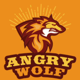 Logo featuring an angry wolf head with sunburst on an orange background.