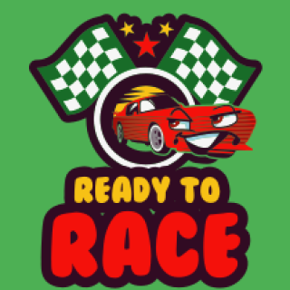 Cartoon red car with checkered flags and text 'Ready to Race' on a green background.