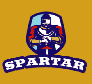 Spartar logo featuring a stylized armored knight holding a sword with a shield design on a mustard background.