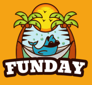 Funday logo featuring a cartoon whale in a hammock with palm trees and sun on an orange background.