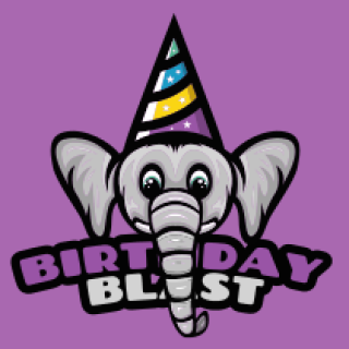Cartoon elephant wearing a colorful striped birthday hat on a purple background with the text 'Birthday Blast'.