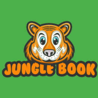 Cartoon tiger face logo with 'Jungle Book' text on a green background.