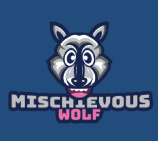 Mischievous Wolf logo featuring a cartoon wolf face on a blue background.