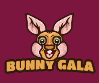 Bunny Gala logo featuring a cartoon rabbit with pink ears and a smiling face on a brown background.
