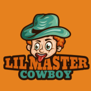 Cartoon-style Lil Master Cowboy logo with a cowboy hat on an orange background.