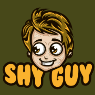 Shy Guy cartoon logo featuring a playful character with a smiling face.