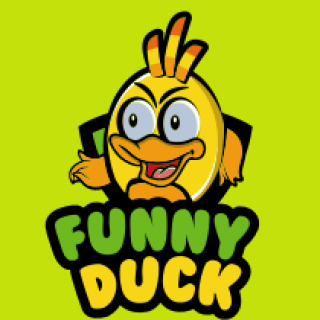 Illustration of a cheerful yellow duck with the text 'Funny Duck' in bold letters.