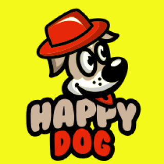 Cartoon dog wearing a red hat with the text 'Happy Dog' on a yellow background.