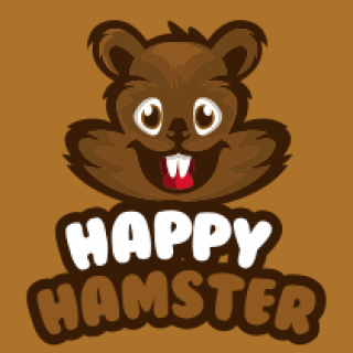 Cartoon logo of a happy hamster with a smiling face on a brown background.