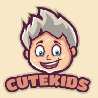 Cute Kids logo featuring a smiling cartoon child with gray hair.