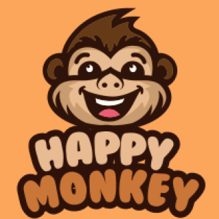 Happy cartoon monkey face above the words 'Happy Monkey' on an orange background.