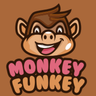 Playful cartoon monkey logo with text 'Monkey Funkey' on a brown background.