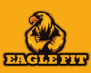 Illustrated logo of a muscular eagle with the text 'Eagle Fit' on a yellow background.