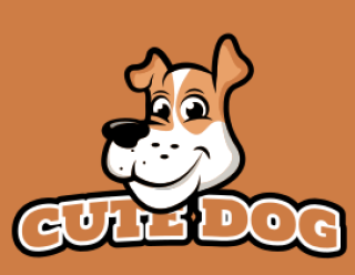 Cartoon dog logo with a smiling face on a brown background featuring the text 'Cute Dog'.