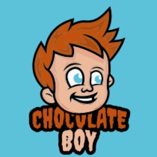 Cartoon character with red hair and a big smile above the words 'Chocolate Boy' on a blue background.