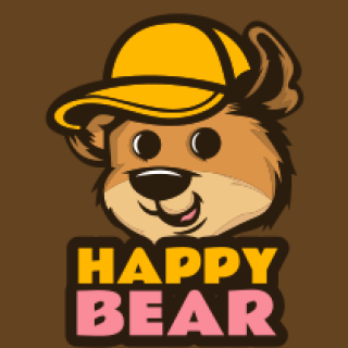 Cartoon bear wearing a yellow cap with the text 'Happy Bear'.