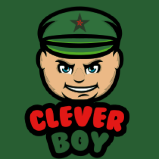Logo of a cartoon character named Clever Boy wearing a military hat with a mischievous expression.