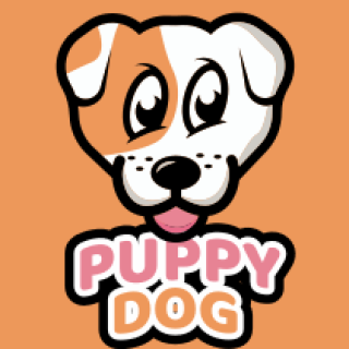 Cartoon illustration of a cute puppy dog with 'Puppy Dog' text on an orange background.