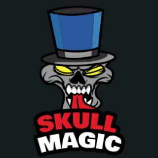 Illustration of a skull wearing a top hat with yellow eyes and red text reading 'Skull Magic'.