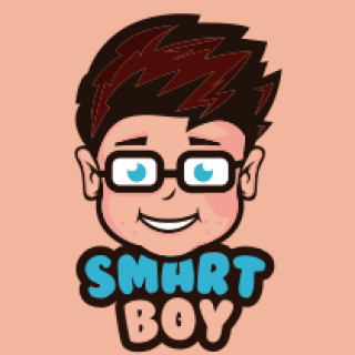 Cartoon character of a smiling boy wearing glasses with text 'SMHRT BOY'.