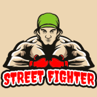 Street Fighter graphic design featuring an illustrated boxer with red gloves and a green cap.