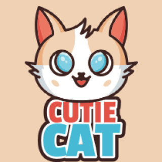 Cute cartoon cat logo with wide blue eyes and pink ears.