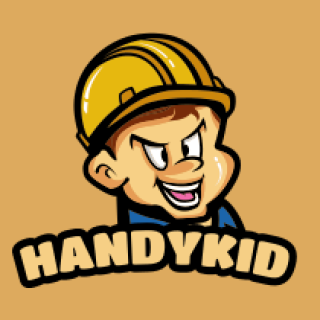 Cartoon character wearing a yellow construction helmet with the text 'HANDYKID' below.
